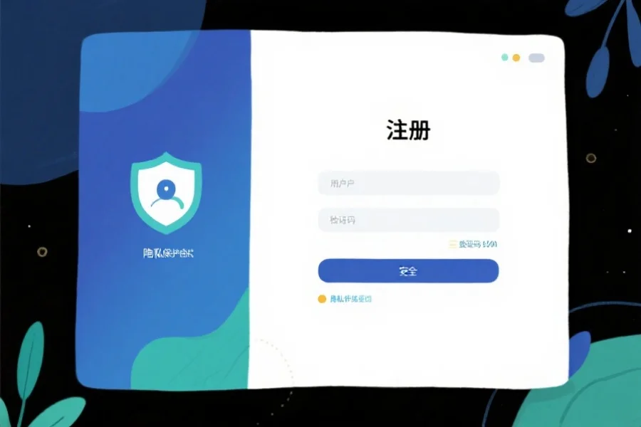 注册页面界面截图的插画风格，显示用户填写信息、输入验证码，页面简洁安全，突出隐私保护元素