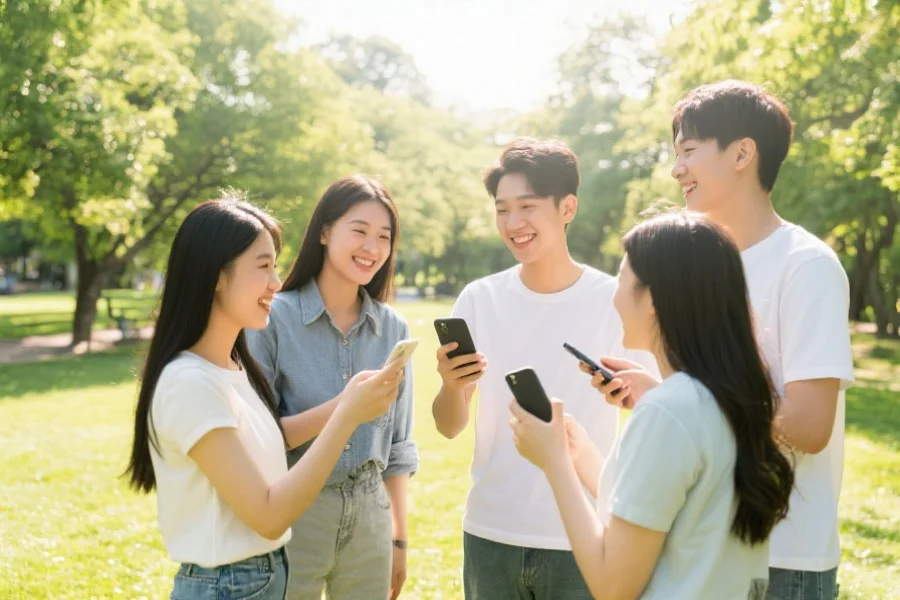 阳光下的公园里，几个年轻人拿着手机愉快地交流和互动，周围环境绿色宜人
